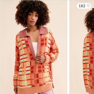Free People V-Neck Plaid Sweater in Orange and Pink